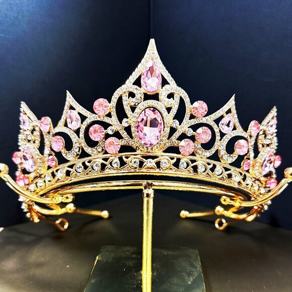Gold Tiara and Crown for Women, Queen Crown, Princess Tiara, Pink Gemstone Tiara - Picture 1 of 5